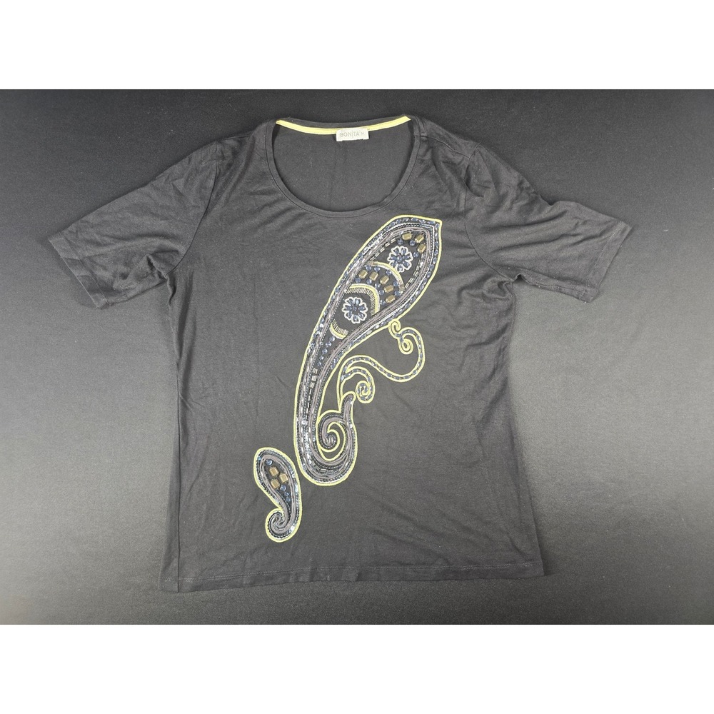 Bonita Womens Black Embellished Paisley Graphic T-Shirt Viscose Blend Size M
